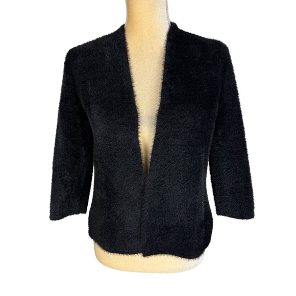 J.McLaughlin Nisa Black Fuzzy Cardigan Sweater Open‎ Front 3/4 Sleeve Small - Picture 3 of 9